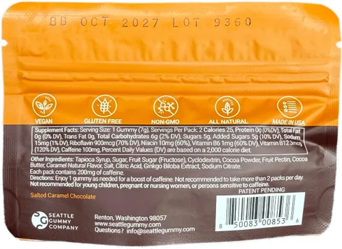 Miniatura 6 de Mocca Shots – Caramelo Salado 100 mg Gummies de cafeína (12 paquetes, 2 por paquete) Café Energía Masticar Gummy, Vegano, Sin gluten, Todo Natural