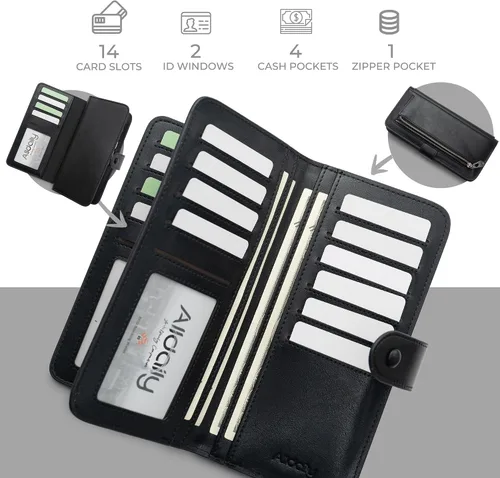 Miniatura 2 de Cartera de cuero con bloqueo RFID para mujeres, diseño delgado de triple pliegue con 14 ranuras para tarjetas y bolsillo con cremallera, Negro