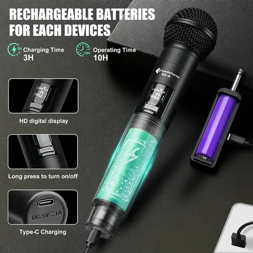 Miniatura 5 de Micrófono inalámbrico - Micrófono de karaoke para cantar - Micrófonos de mano dinámicos dobles recargables con receptor - Micrófono inalámbrico