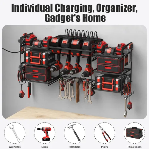 Miniatura 7 de CCCEI Organizador de herramientas eléctricas negro para montaje en pared, herramientas grandes y estante de almacenamiento de batería, estación