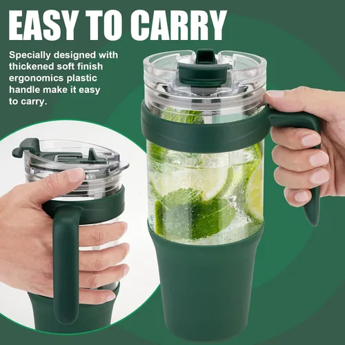 Miniatura 7 de Tronco - Vaso de vidrio de 40 onzas con popote y tapa, popote a prueba de fugas, vaso reutilizable para café helado con asa, botellas de agua
