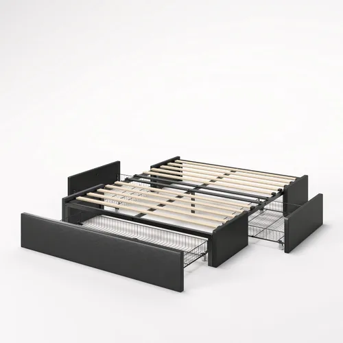 Miniatura 8 de SHA CERLIN Base de cama moderna de plataforma completa con 3 cajones de almacenamiento, diseño de panel lateral de ala, tapizado de piel sintética