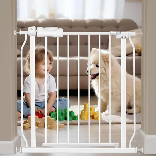 Miniatura 19 de Puerta extra ancha para bebé, puerta extra alta para perros, para escaleras, puertas, tensión de metal blanco, puertas de seguridad para mascotas