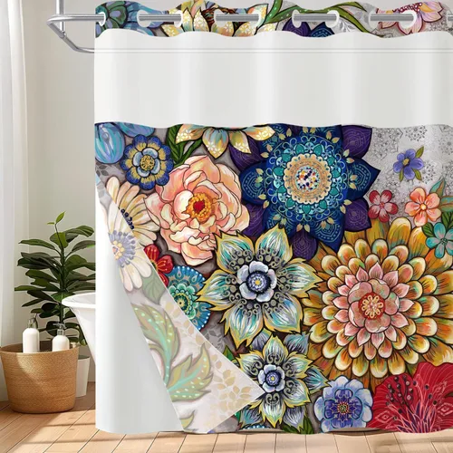 Neasow Cortina de ducha sin gancho con forro a presión, cortinas de tela floral bohemia con forro interior impermeable con imanes ponderados para