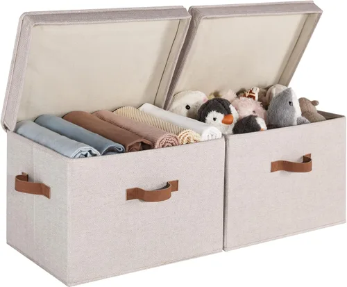 Miniatura 10 de StorageWorks Contenedores de almacenamiento de tela con tapa, cajas de almacenamiento decorativas para estantes, cesta organizadora de armario Beige