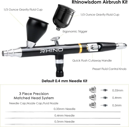 Miniatura 2 de Rhinowisdom Kit de aerógrafo - Juego de pistola de aerógrafo Alimentación por gravedad de doble acción con juegos de agujas de 0.35, 0.4 y 0.020 in