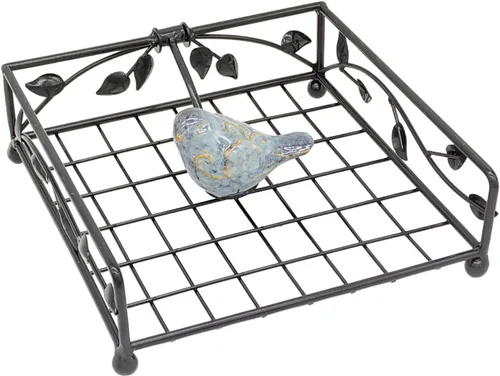 Miniatura 4 de OwlGift Collection - Soporte para servilletas plano de metal con revestimiento negro con pájaro de cerámica, cocina y encimera, organizador