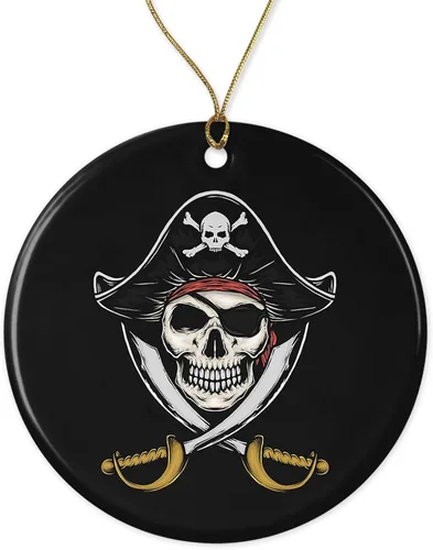 Adorno navideño Jolly Roger con calavera pirata, espadas cruzadas, recuerdo, adorno de cerámica, idea de regalo, árbol de Navidad impreso en ambos