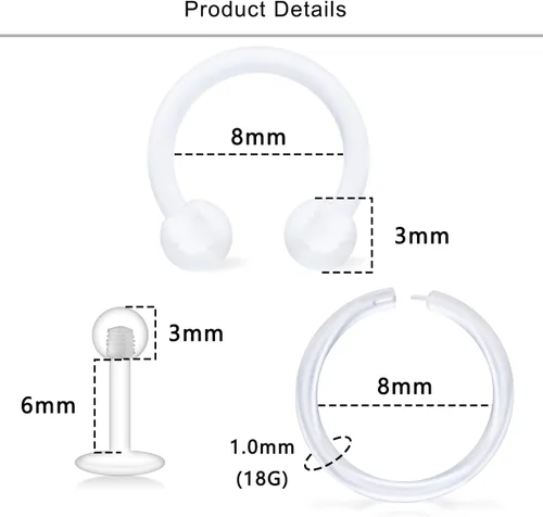 Miniatura 2 de Lcolyoli Anillos de nariz transparentes de 18 G, retenedores de piercing transparentes para el trabajo, deportes, Bioflex, Medusa, labio, piercing