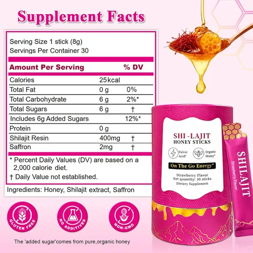 Miniatura 7 de Palitos de miel Shilajit para mujer, palitos de miel de fresa con miel orgánica, shatavari y azafrán, sabor terroso y aromático, pajitas Shilajit