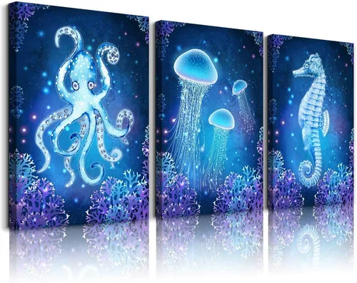 Lienzo con temática de vida oceánica azul, pinturas artísticas de pared para sala de estar, obras de arte de pared, animales marinos, caballo de