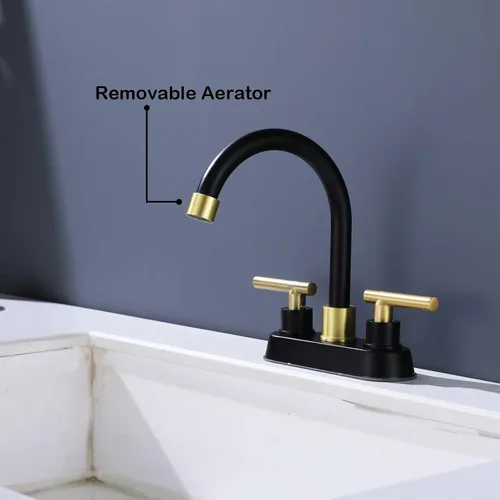 Miniatura 3 de Grifo de baño negro y dorado, 2 manijas de 4 pulgadas con drenaje desplegable, moderno fregadero de tocador de caravana de 2 o 3 agujeros de montaje