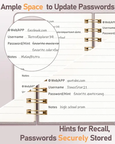 Miniatura 57 de WEMATE Libro de contraseñas con pestañas alfabéticas, libro en espiral para personas mayores, cuaderno de contraseñas de Internet, diario