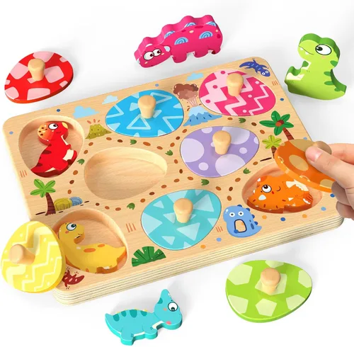 Zeoddler Rompecabezas de madera para niños pequeños, 8 piezas de rompecabezas de huevo de dinosaurio a juego, juguetes Montessori para niños y