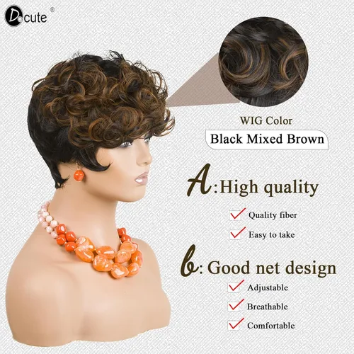 Miniatura 3 de DOcute Pelucas cortas de corte Pixie para mujeres negras, peluca Pixie negra y marrón, pelucas cortas rizadas con flequillo, peluca corta