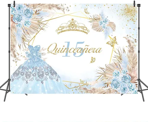 Miniatura 3 de Mocsicka Quinceanera - Telón de fondo de cumpleaños número 15, para mujeres y niñas, bohemio, elegante, flores rosadas, fondo de vinilo bohemio, Azul