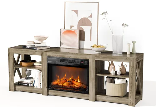 Miniatura 2 de Bonnlo Soporte de TV con chimenea para televisores de hasta 80 pulgadas, centro de entretenimiento rústico con calentador eléctrico y estantes Roble