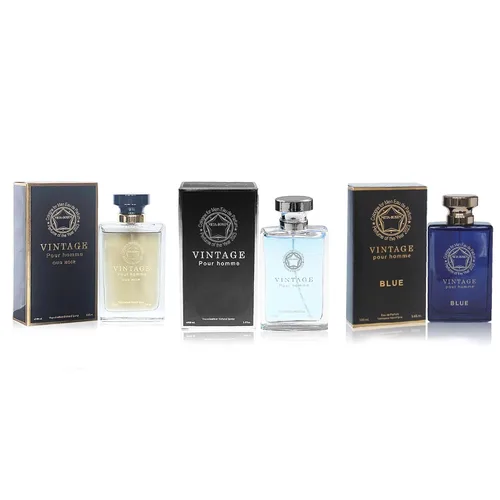 Vintage Pour Homme Colección de colonia para hombre (azul+Pour Homme+Oud Noir), Eau de Parfum Natural Spray – Woody Fresh Scents – Set de regalo