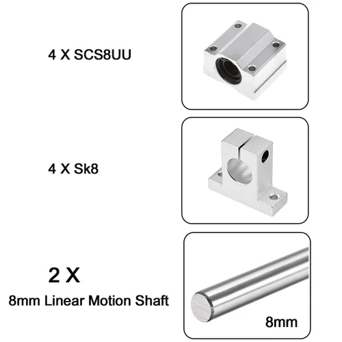 Miniatura 2 de 2 guías de eje de varilla de movimiento lineal de 8 mm x 850 mm con 4 rodamientos de bolas SCS8UU y 4 soportes de riel de aluminio SK8, juego