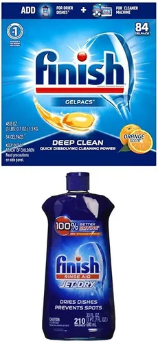 Finish Gelpacs Orange All in 1 Tabletas de detergente para lavavajillas 84 ea y Finish Jet-Dry Rinse Aid, 23 onzas, agente de enjuague para