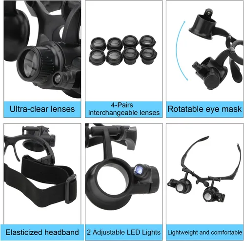 Miniatura 3 de Lupa manos libres para la cabeza, lupa con lupa para joyeros de luz, lupa para ojos con 2 luces LED, 8 lentes reemplazables para reparación