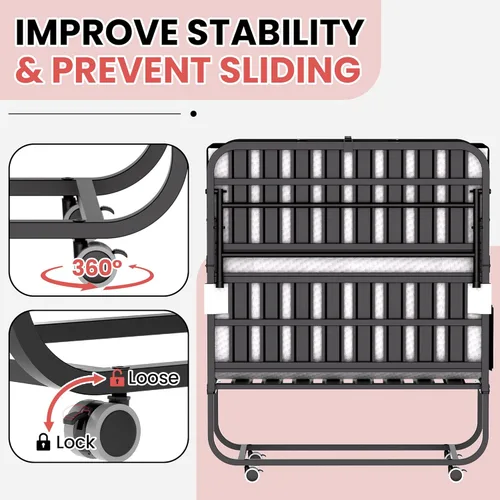 Miniatura 4 de Cama plegable de 75 x 31 pulgadas con colchón para adultos, cama enrollable portátil con ruedas, cabecero y bolsillo, colchón de espuma