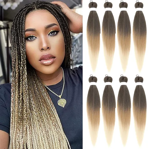 Miniatura 18 de Cabello Trenzado Ombré Pre-Estirado 26 Pulgadas Ombré Marrón 8 Paquetes/Lote Trenza Fijación con Agua Caliente Cabello Sintético Profesional