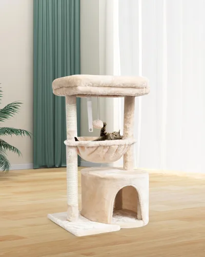 Miniatura 7 de SYANDLVY Árbol pequeño para gatos de interior, condominio para gatitos con poste rascador y tabla, torre de actividades moderna con cuna, beige