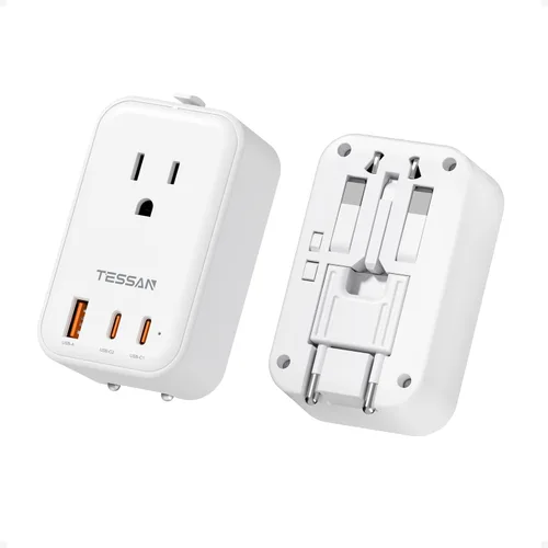 Miniatura 11 de TESSAN Adaptador de viaje 009, PD 20 W, adaptador de corriente universal 2 USB C 1 USB A, adaptador de enchufe internacional ultrafino, salida Negro