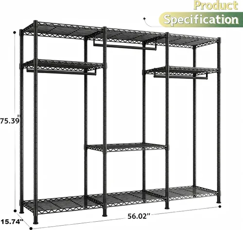 Miniatura 8 de Raybee Perchero resistente con carga de 800 libras, percheros ajustables para colgar ropa, perchero con estantes para dormitorio, sótano 56 pulgadas