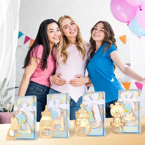 Miniatura 8 de Abrebotellas de bebé, 24 piezas, llavero con huella de oso y niño, abrebotellas con caja de regalo azul, recuerdos de fiesta de baby shower