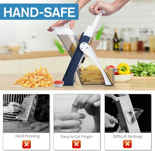 Miniatura 3 de [5 en 1] Cortadora de mandolina para cocina y picadora de verduras segura y rebanadora de mandolina ajustable, no se puede quitar, la mandolina Azul