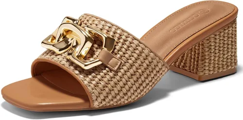 Miniatura 8 de Coutgo Sandalias de cuña con tacón grueso de rafía para mujer, con punta abierta, cuadradas, con cadena metálica, sin cordones, elegantes
