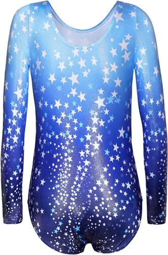 Miniatura 2 de Belovance Leotardos para niñas, gimnasia, ballet, baile, manga larga, brillante, sirena, mariposa, azul, rosa, Azul, verde