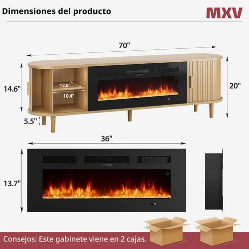 Miniatura 4 de MXV Soporte de TV con chimenea estriada de 70 ″, soporte de TV moderno de mediados de siglo con chimenea de 36 pulgadas para televisores de hasta 80