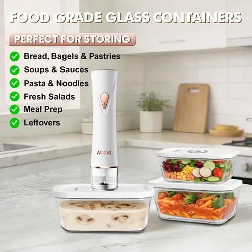 Miniatura 5 de Sellador al vacío compacto preservar para alimentos: máquina selladora al vacío portátil de mano + 3 recipientes de vidrio al vacío + 30 bolsas