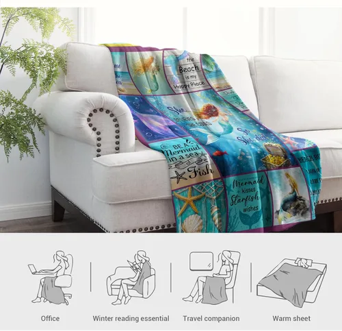 Miniatura 6 de Jekeno - Manta de sirena para niñas, sobrinas, hermanas, mujeres, regalos de cumpleaños o Navidad, estampado azul de sirena, presentes, decoración