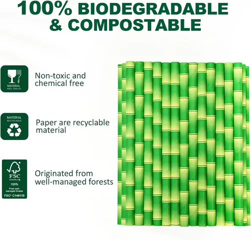 Miniatura 7 de 14,6 cm x 0,79 cm Pajitas de papel desechables de bambú verde para bebidas cortas, cócteles mezclados, margaritas, licuados y batidos - Sin embalar