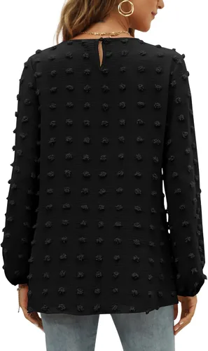 Miniatura 4 de XIEERDUO Blusas de gasa de manga larga con cuello redondo para mujer, blusas elegantes y holgadas con pompones
