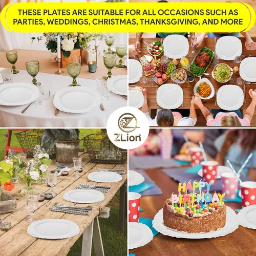 Miniatura 7 de Zlion Juego de platos desechables blancos de 60 piezas, elegante vajilla de plástico para fiestas, bodas, cumpleaños y baby showers, incluye platos