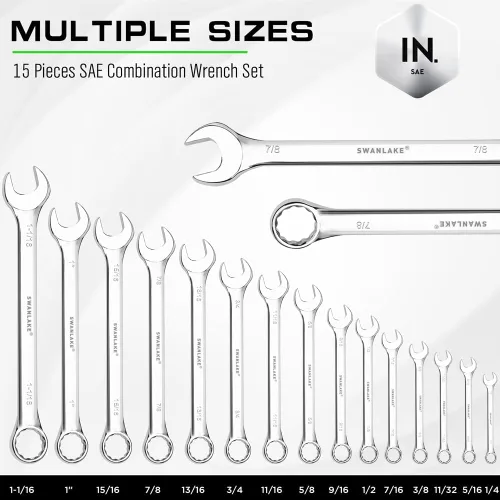 Miniatura 2 de SWANLAKE GARDEN TOOLS Juego de llaves SAE de 15 piezas, juego de llaves combinadas premium con muesca en V, SAE de 1/4" a 1", par máximo, 12 puntos