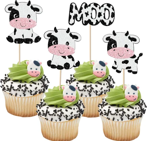 Rsstarxi Paquete de 24 adornos para cupcakes de vaca con purpurina de animales de granja Moo para cupcakes temáticos de vaca, baby shower, fiesta de