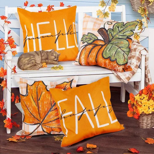 Miniatura 4 de YUJUN Paquete de 4 fundas de almohada decorativas de otoño, 18 x 18 pulgadas, diseño de búfalo, calabaza, hojas de arce, Acción de Gracias, otoño