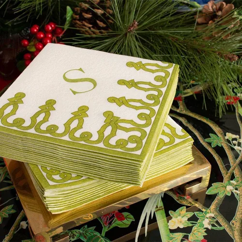 Miniatura 3 de Caspari Dessin Passementerie - Servilletas de cóctel de lino y papel, color verde musgo, 15 unidades por paquete