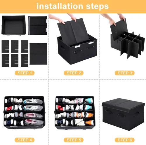 Miniatura 8 de Organizador de zapatos para armario, caja de almacenamiento de zapatos plegable con divisores ajustables, gran contenedor de almacenamiento