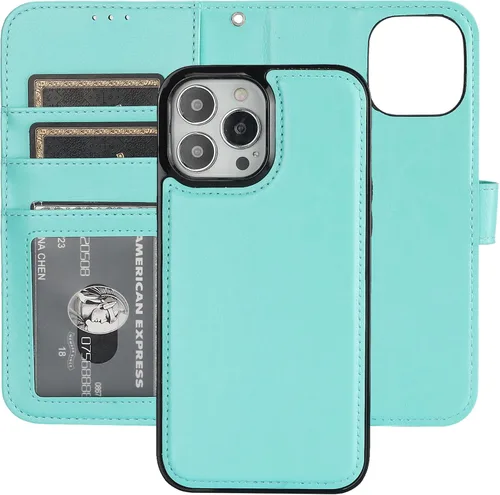 Miniatura 23 de Bocasal Funda tipo cartera desmontable para iPhone 13 Pro Max con bloqueo RFID, ranuras para tarjetas, soporte de cuero PU premium, soporte Negro