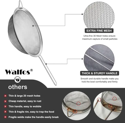 Miniatura 7 de Walfos Colador grande de malla fina de 9.35 pulgadas, tamiz de malla de acero inoxidable 30 con mango resistente, coladores de alimentos de cocina