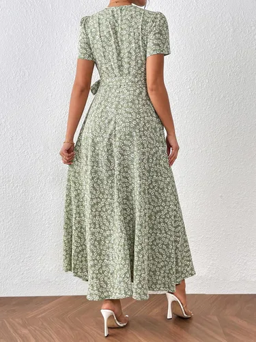 Miniatura 2 de OYOANGLE Vestido largo de manga corta con cuello en V y estampado floral bohemio para mujer