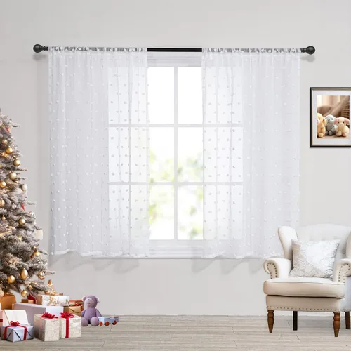 Miniatura 2 de MYSKY HOME Cortinas cortas para ventana pequeña, paneles de gasa transparente blanca de 45 pulgadas de largo con ribete de pompones para cocina, Pom