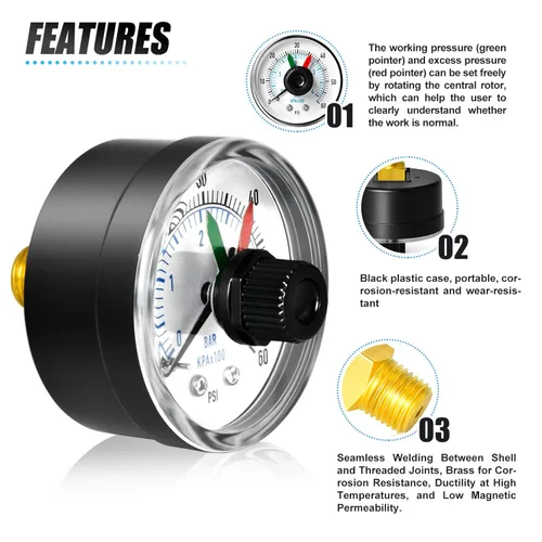 Miniatura 5 de MEANLIN MEASURE Caja de manómetro NPT de 0-60 Psi de 1/4" con dial para seleccionar filtro, 3-2-3% de precisión, montaje trasero central, con 1/2